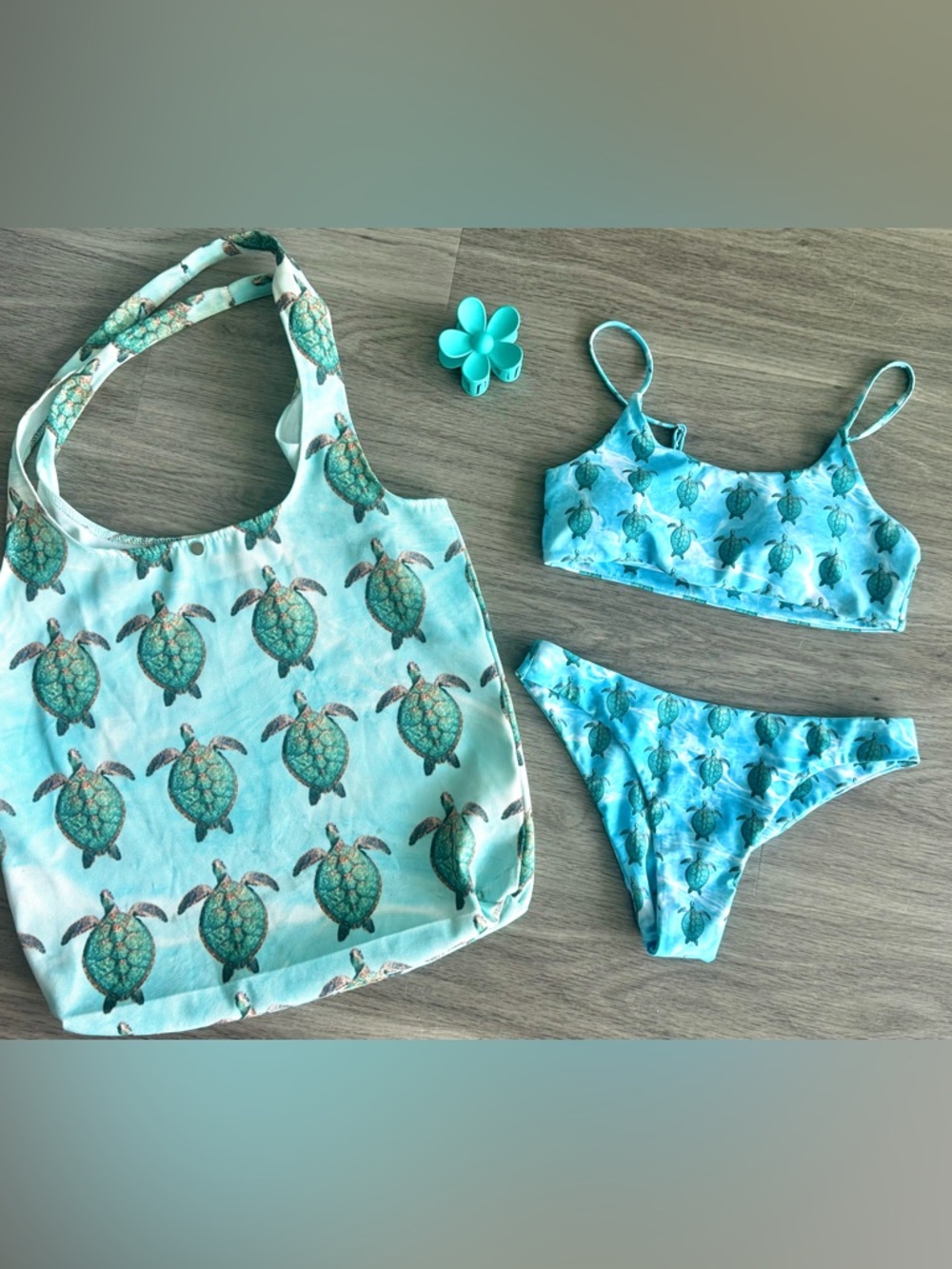 Sea Turtle Print Aqua Bikini Set with Matching Tote